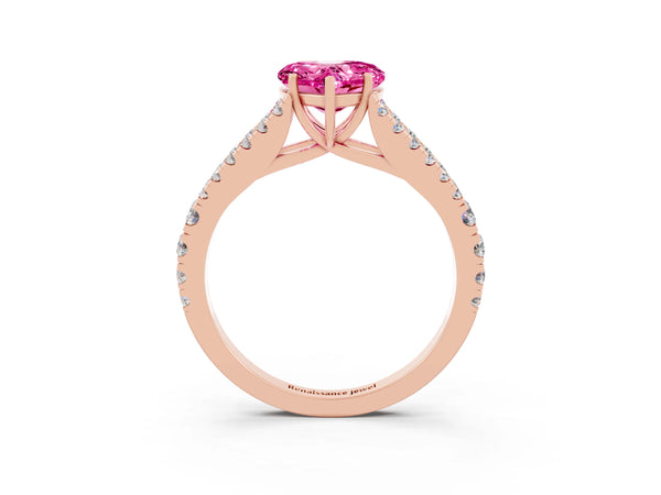 Rose gold Heart Cut Pink Sapphire Split Shank Pavé Engagement Ring with Four-Prong Setting