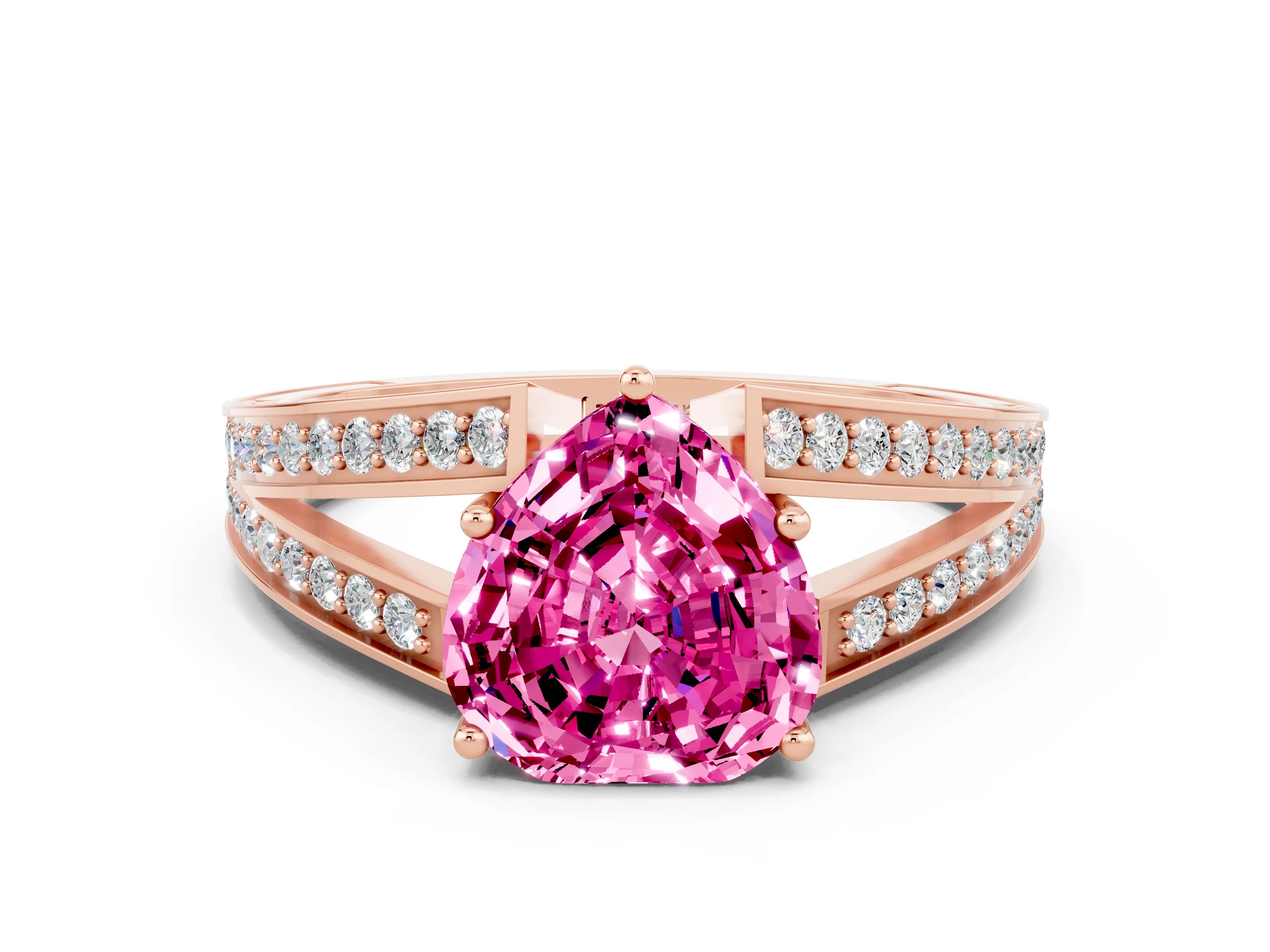 Rose gold Heart Cut Pink Sapphire Split Shank Ring with Pavé Band and Four-Prong Setting