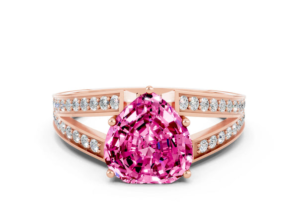 Rose gold Heart Cut Pink Sapphire Split Shank Ring with Pavé Band and Four-Prong Setting