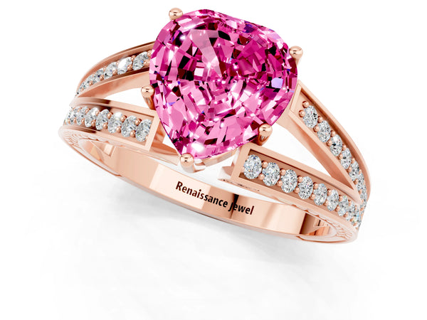 Rose gold Heart Cut Pink Sapphire Split Shank Ring with Pavé Band and Four-Prong Setting