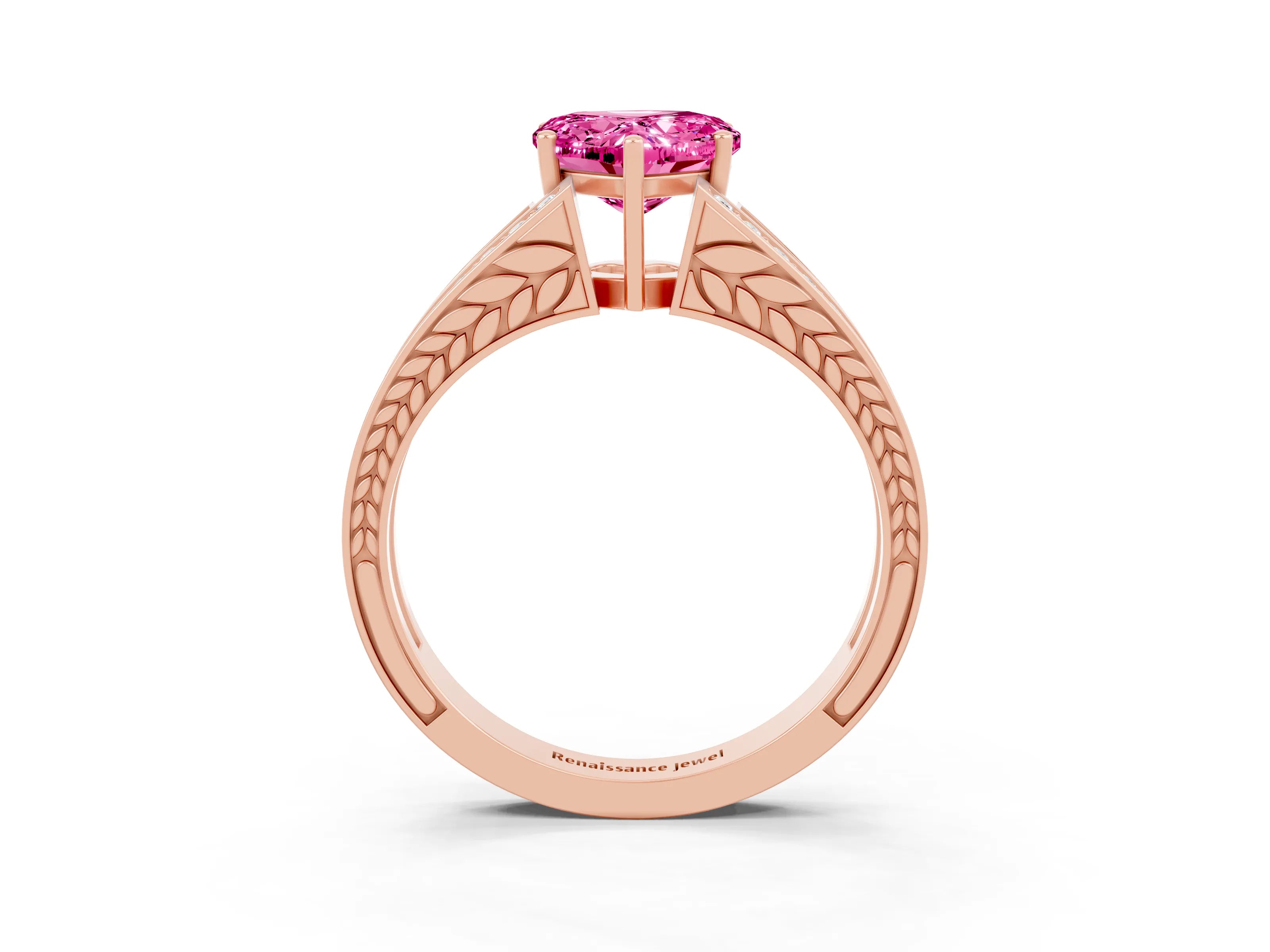 Rose gold Heart Cut Pink Sapphire Split Shank Ring with Pavé Band and Four-Prong Setting_3