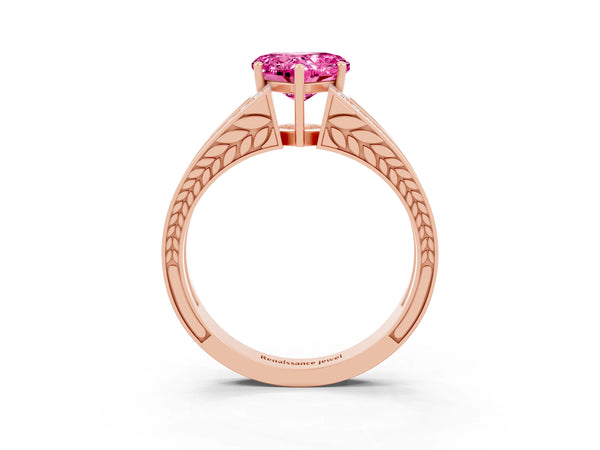 Rose gold Heart Cut Pink Sapphire Split Shank Ring with Pavé Band and Four-Prong Setting