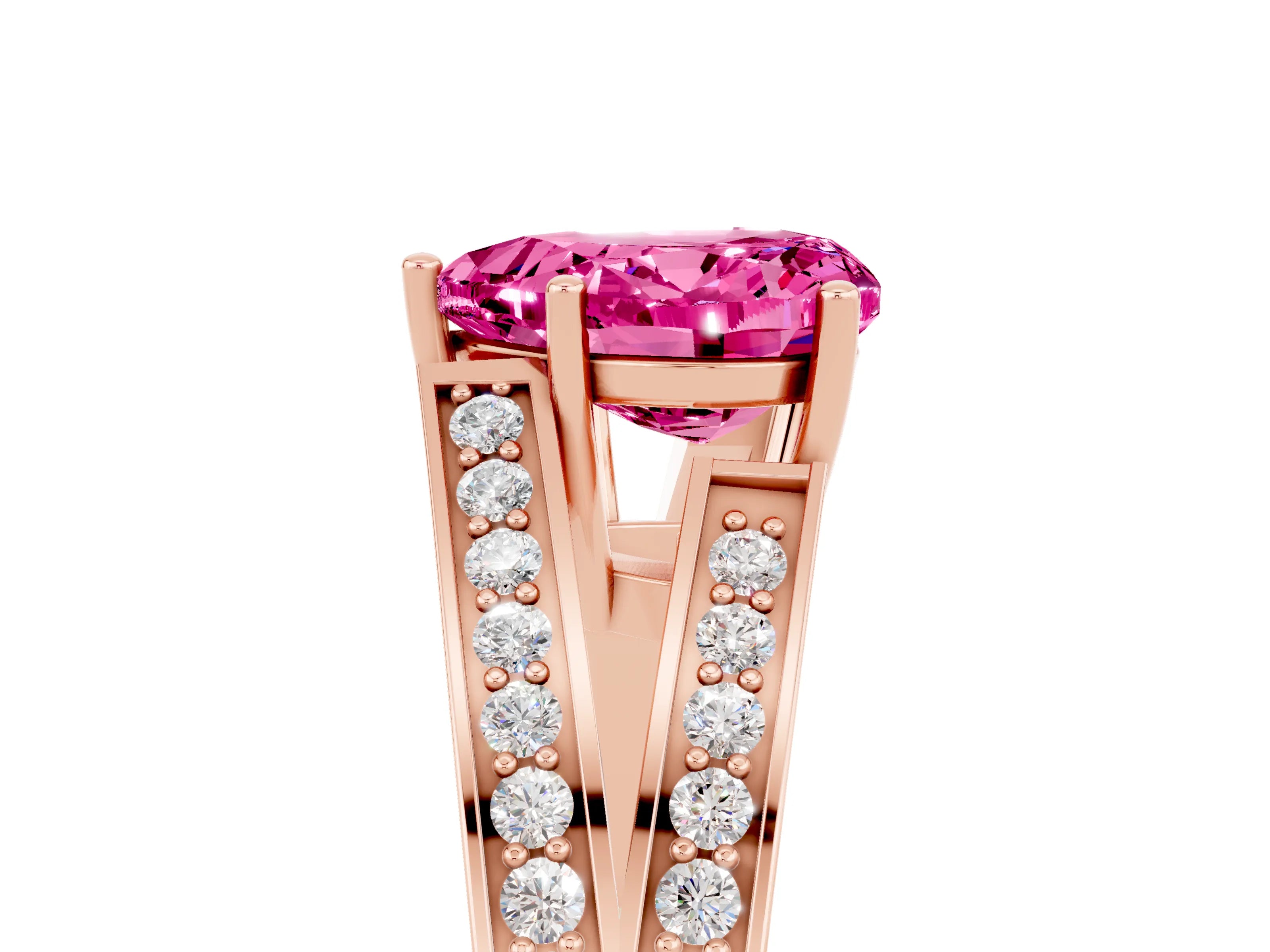 Rose gold Heart Cut Pink Sapphire Split Shank Ring with Pavé Band and Four-Prong Setting_5