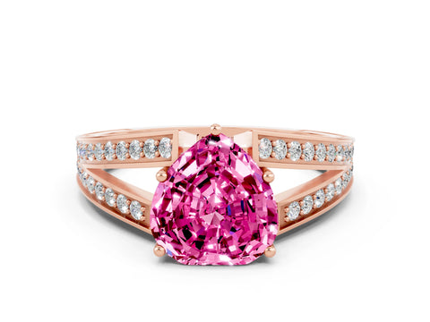 Rose gold Heart Cut Pink Sapphire Split Shank Ring with Pavé Band and Four-Prong Setting