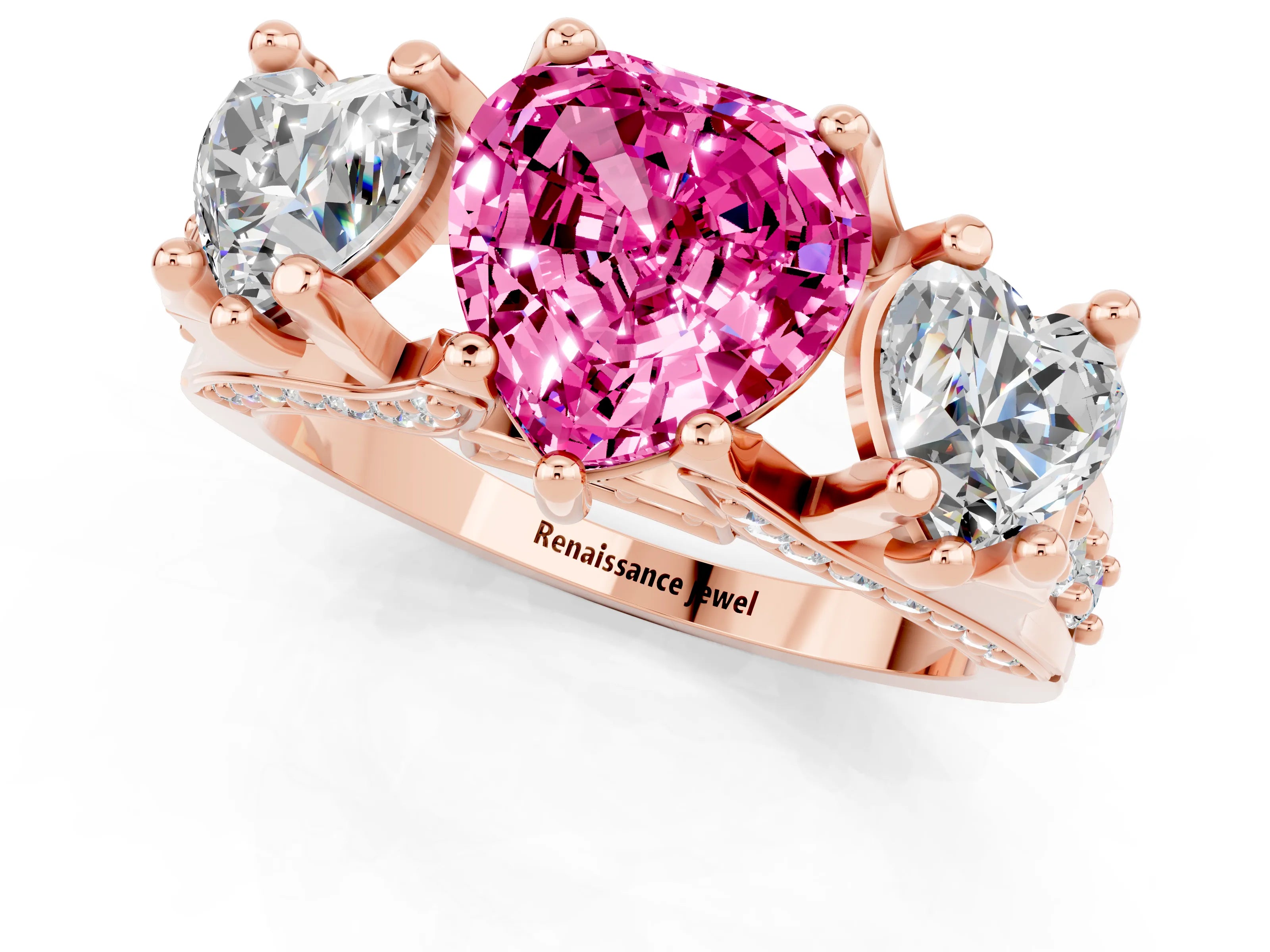 Rose gold Heart Cut Pink Sapphire Three-Stone Ring with Channel Set Band and Four-Prong Setting_1