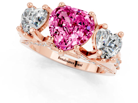 Rose gold Heart Cut Pink Sapphire Three-Stone Ring with Channel Set Band and Four-Prong Setting_1