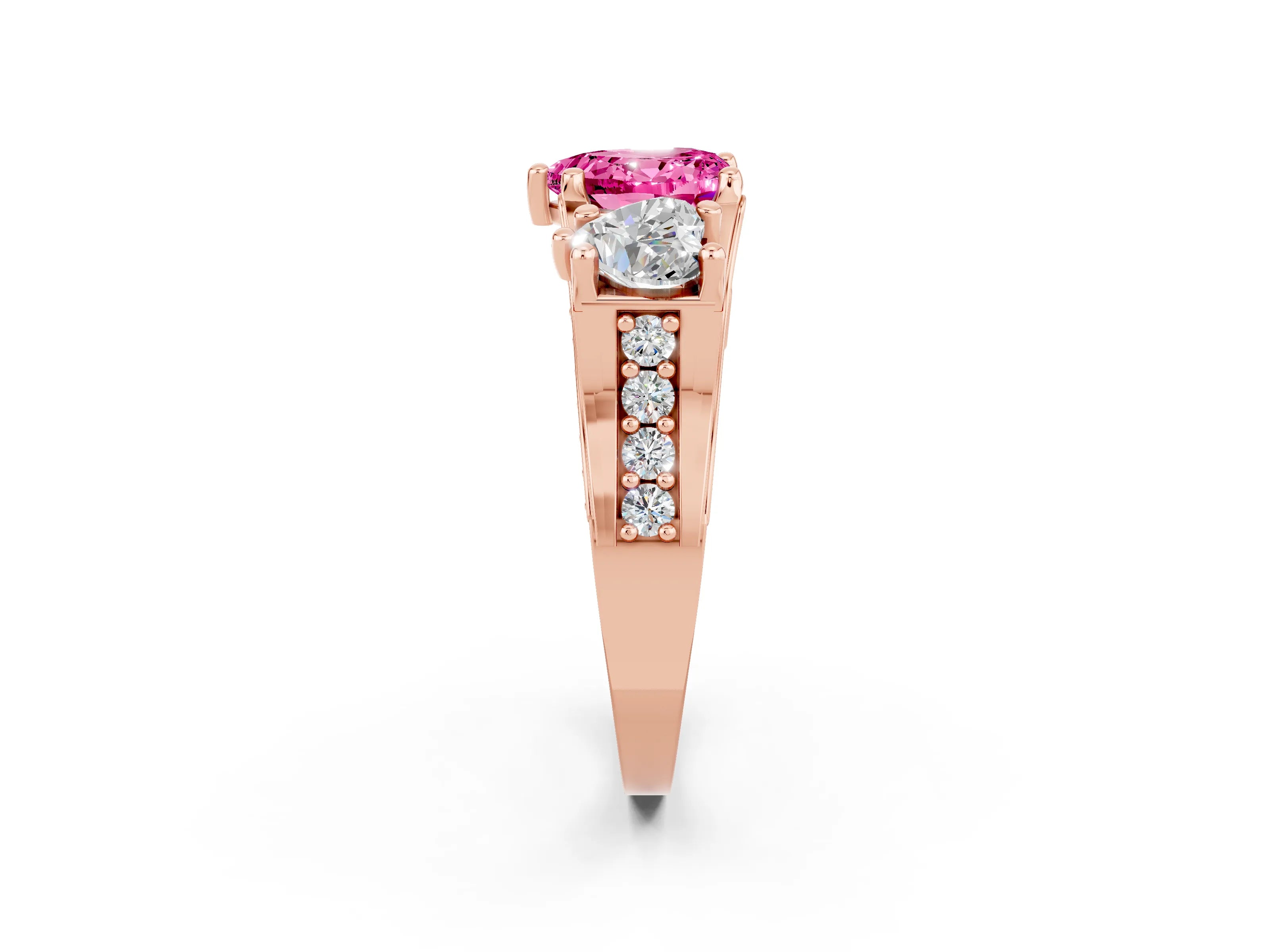 Rose gold Heart Cut Pink Sapphire Three-Stone Ring with Channel Set Band and Four-Prong Setting_2