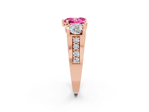 Rose gold Heart Cut Pink Sapphire Three-Stone Ring with Channel Set Band and Four-Prong Setting_2