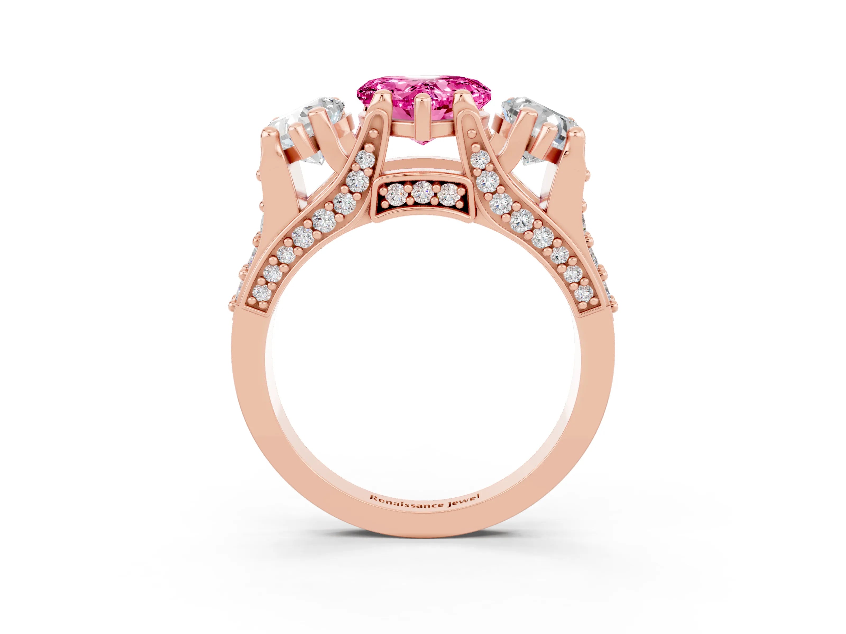Rose gold Heart Cut Pink Sapphire Three-Stone Ring with Channel Set Band and Four-Prong Setting_3