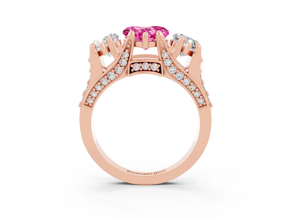Rose gold Heart Cut Pink Sapphire Three-Stone Ring with Channel Set Band and Four-Prong Setting