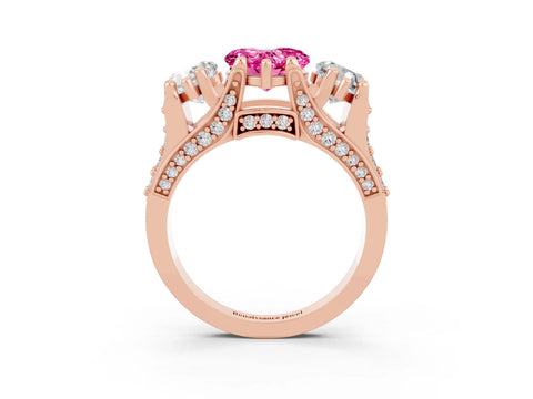 Rose gold Heart Cut Pink Sapphire Three-Stone Ring with Channel Set Band and Four-Prong Setting_3