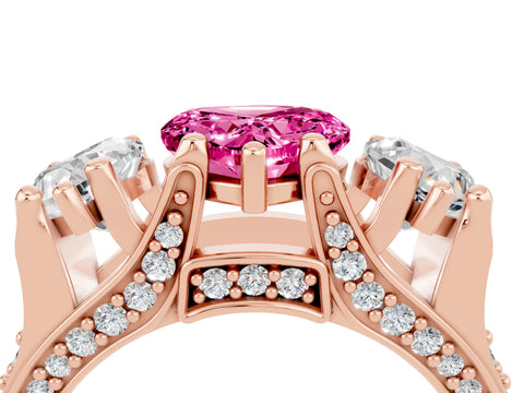 Rose gold Heart Cut Pink Sapphire Three-Stone Ring with Channel Set Band and Four-Prong Setting_4
