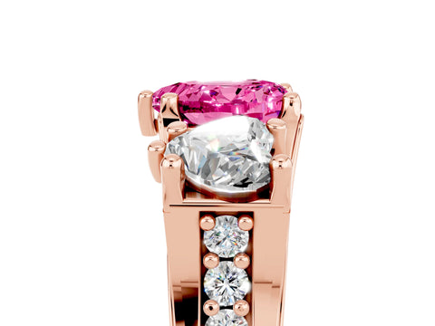 Rose gold Heart Cut Pink Sapphire Three-Stone Ring with Channel Set Band and Four-Prong Setting_5