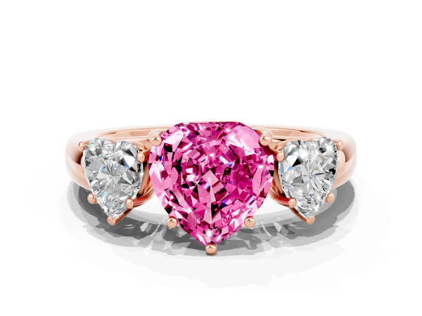 Rose gold Heart Cut Pink Sapphire Three-Stone Ring with Four-Prong Setting and Classic Band