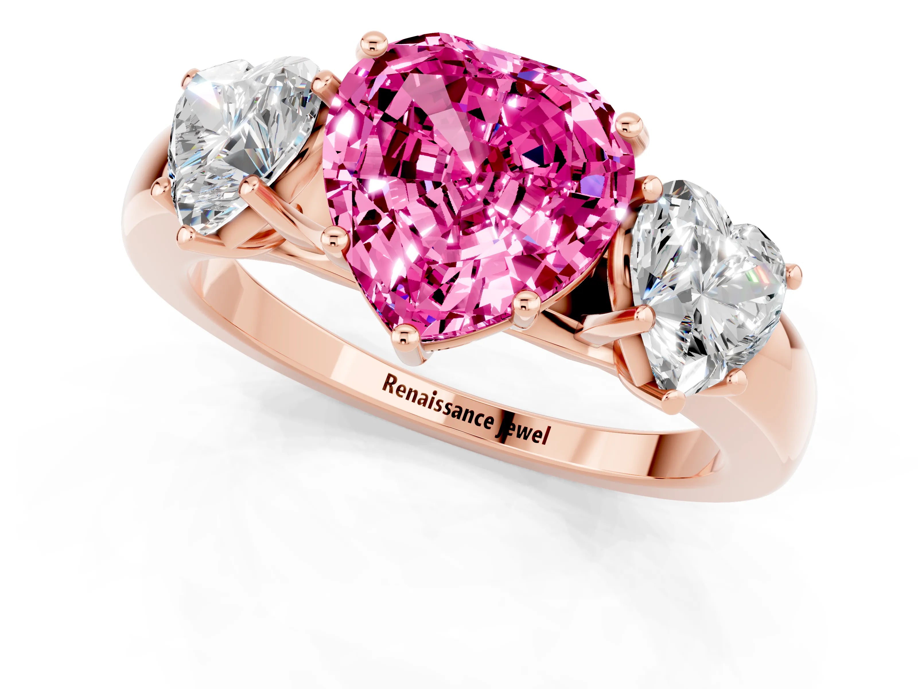 Rose gold Heart Cut Pink Sapphire Three-Stone Ring with Four-Prong Setting and Classic Band_1