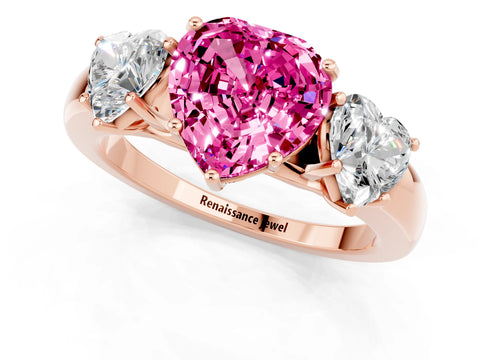 Rose gold Heart Cut Pink Sapphire Three-Stone Ring with Four-Prong Setting and Classic Band_1