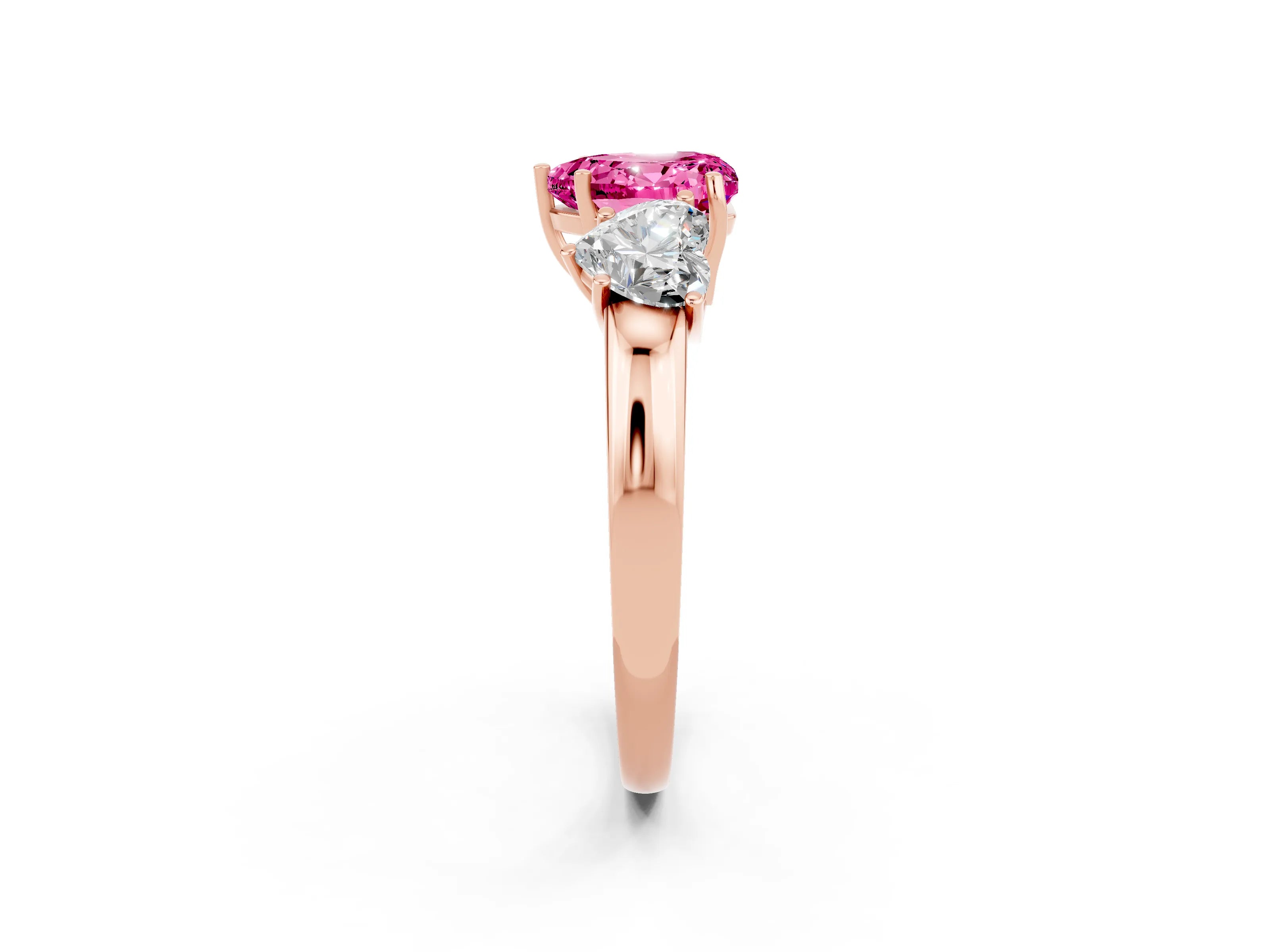 Rose gold Heart Cut Pink Sapphire Three-Stone Ring with Four-Prong Setting and Classic Band_2