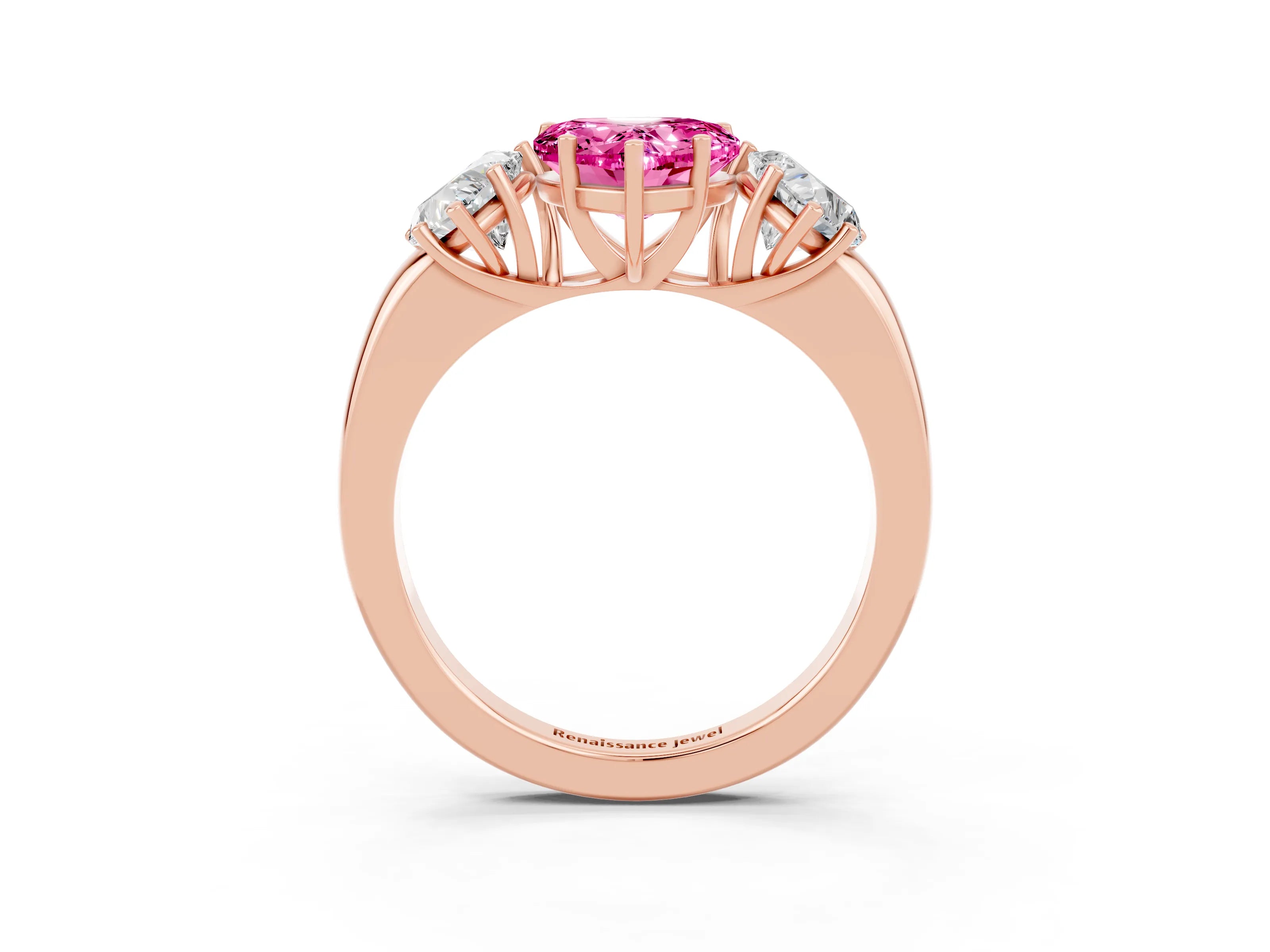 Rose gold Heart Cut Pink Sapphire Three-Stone Ring with Four-Prong Setting and Classic Band_3