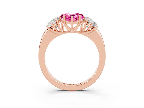 Rose gold Heart Cut Pink Sapphire Three-Stone Ring with Four-Prong Setting and Classic Band