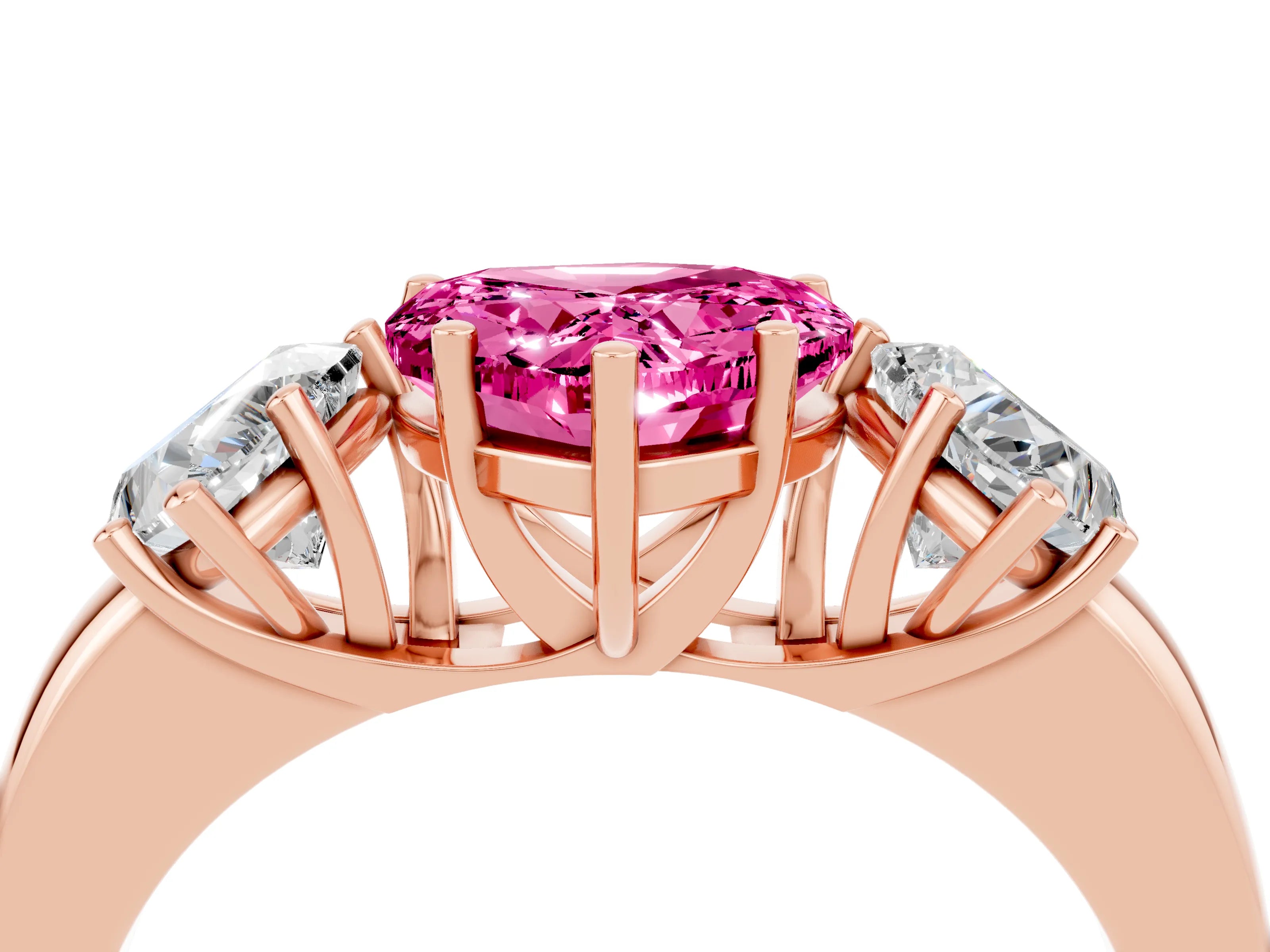 Rose gold Heart Cut Pink Sapphire Three-Stone Ring with Four-Prong Setting and Classic Band_4