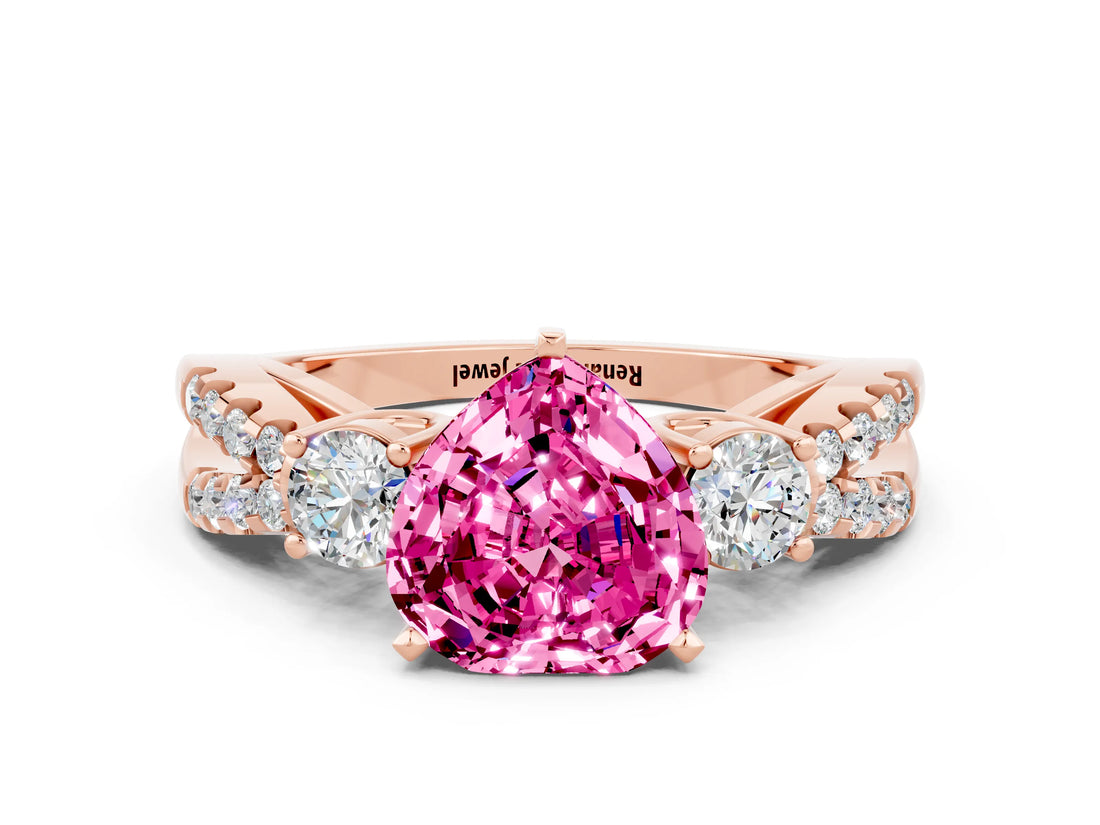 Rose gold Heart Cut Pink Sapphire Three-Stone Ring with Pavé Split Shank and Four-Prong Setting_42