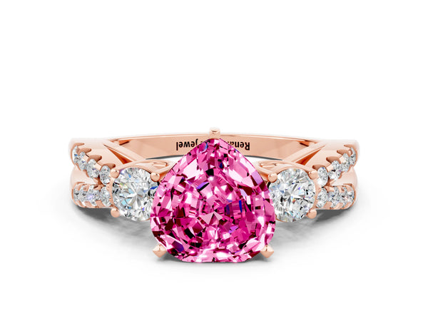 Rose gold Heart Cut Pink Sapphire Three-Stone Ring with Pavé Split Shank and Four-Prong Setting