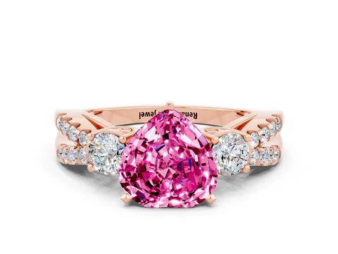 Rose gold Heart Cut Pink Sapphire Three-Stone Ring with Pavé Split Shank and Four-Prong Setting_42