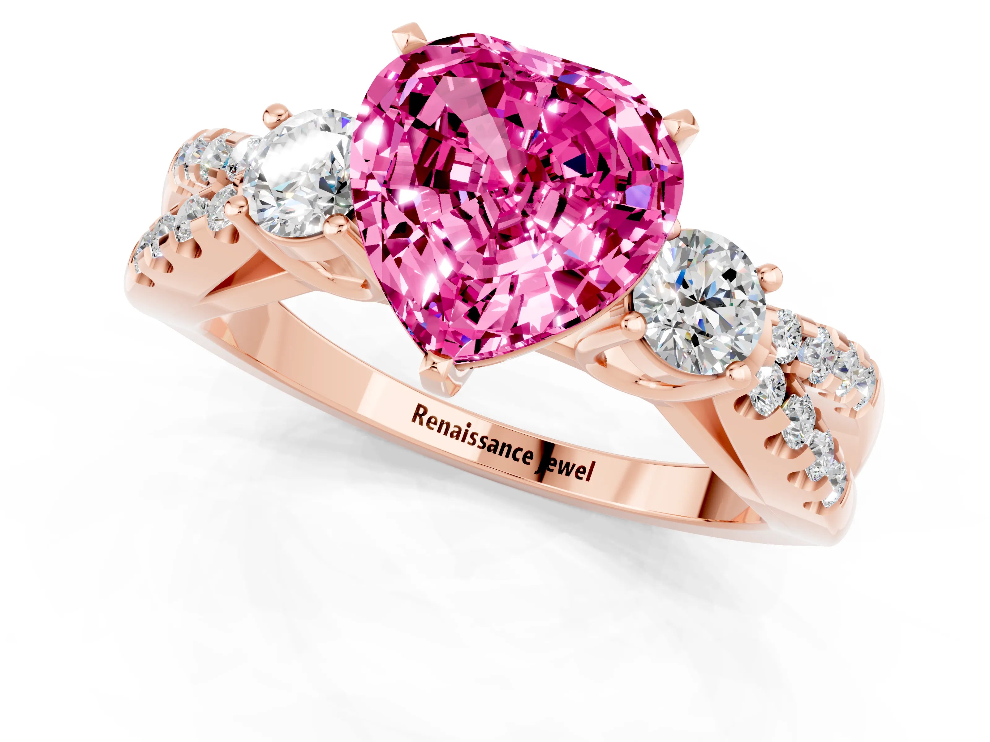 Rose gold Heart Cut Pink Sapphire Three-Stone Ring with Pavé Split Shank and Four-Prong Setting_43