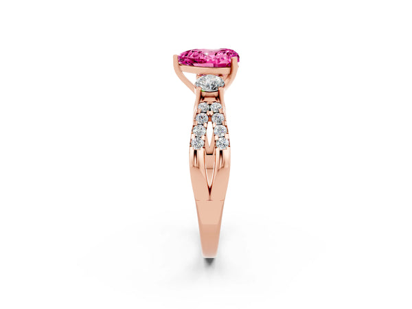 Rose gold Heart Cut Pink Sapphire Three-Stone Ring with Pavé Split Shank and Four-Prong Setting