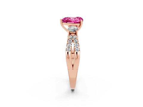 Rose gold Heart Cut Pink Sapphire Three-Stone Ring with Pavé Split Shank and Four-Prong Setting_44