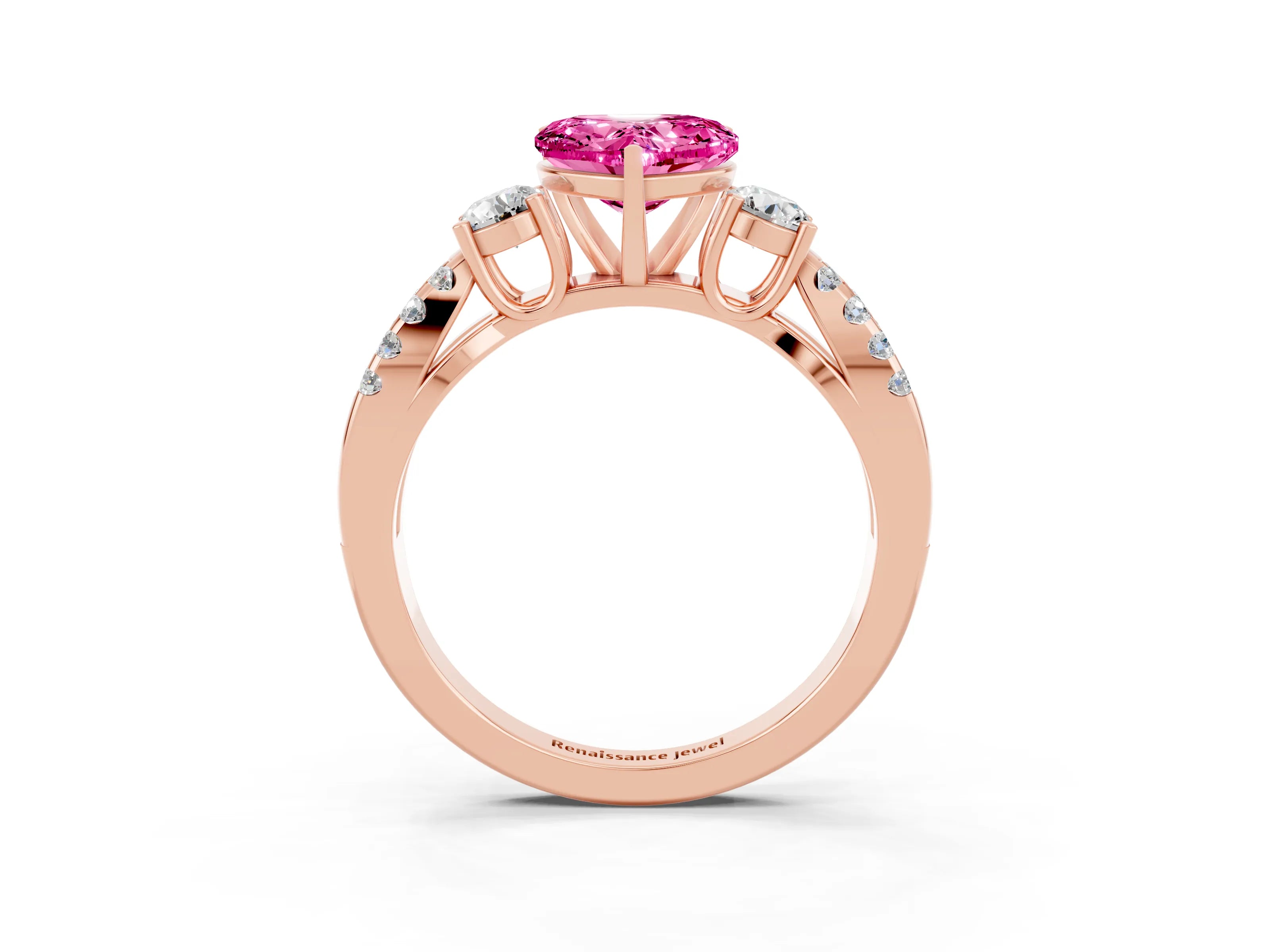 Rose gold Heart Cut Pink Sapphire Three-Stone Ring with Pavé Split Shank and Four-Prong Setting_45