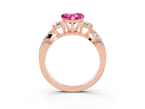 Rose gold Heart Cut Pink Sapphire Three-Stone Ring with Pavé Split Shank and Four-Prong Setting_45