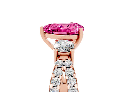Rose gold Heart Cut Pink Sapphire Three-Stone Ring with Pavé Split Shank and Four-Prong Setting_47