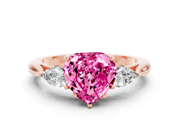Rose gold Heart Cut Pink Sapphire Three-Stone Ring with Pear  Side Stones and Prong Setting