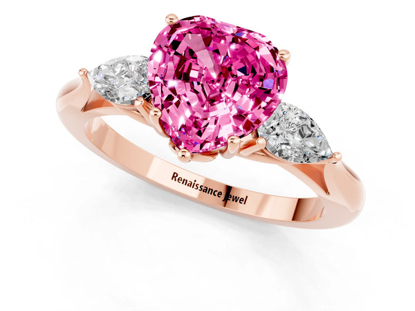 Rose gold Heart Cut Pink Sapphire Three-Stone Ring with Pear  Side Stones and Prong Setting