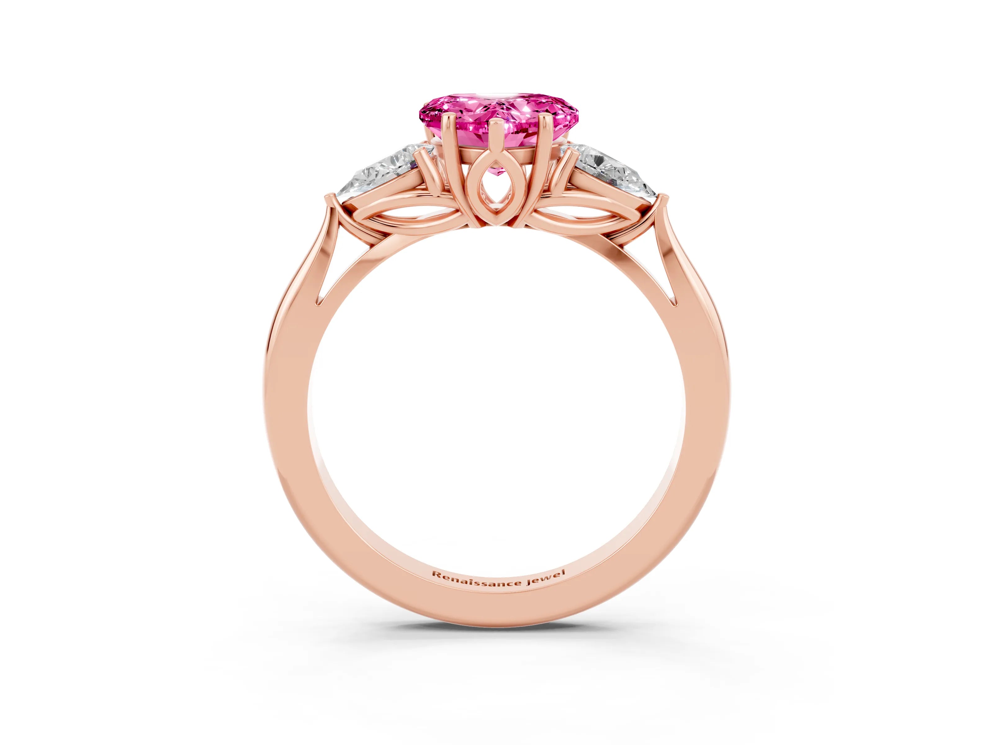 Rose gold Heart Cut Pink Sapphire Three-Stone Ring with Pear Side Stones and Four-Prong Setting_15