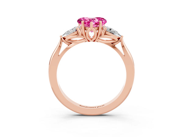 Rose gold Heart Cut Pink Sapphire Three-Stone Ring with Pear  Side Stones and Prong Setting