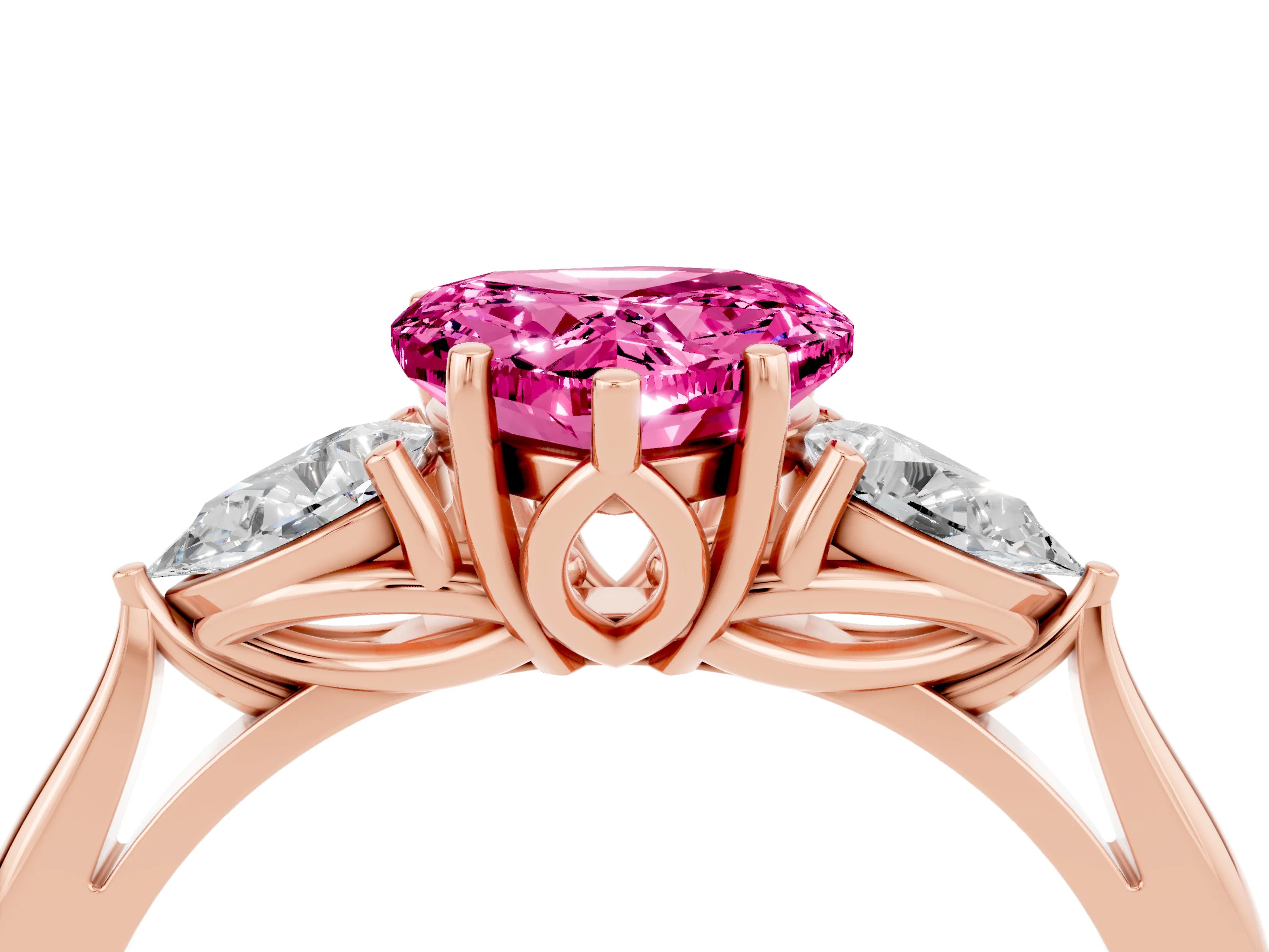 Rose gold Heart Cut Pink Sapphire Three-Stone Ring with Pear Side Stones and Four-Prong Setting_16