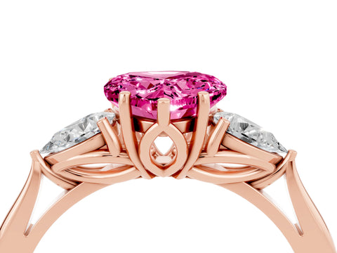 Rose gold Heart Cut Pink Sapphire Three-Stone Ring with Pear Side Stones and Four-Prong Setting_16