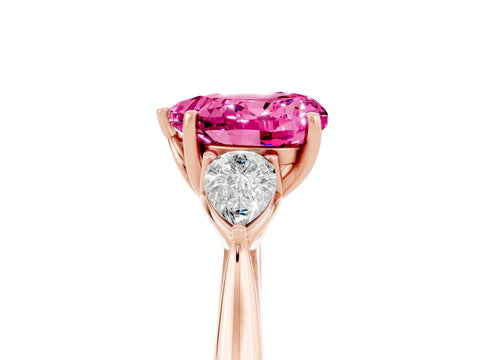 Rose gold Heart Cut Pink Sapphire Three-Stone Ring with Pear Side Stones and Four-Prong Setting_17