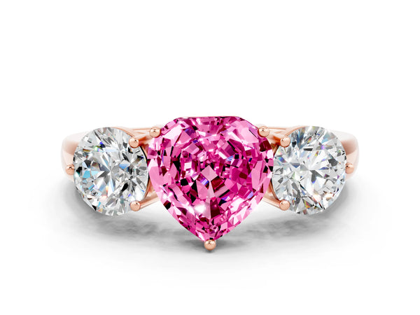 Rose gold Heart Cut Pink Sapphire Three-Stone Ring with Prong Setting and Classic Band