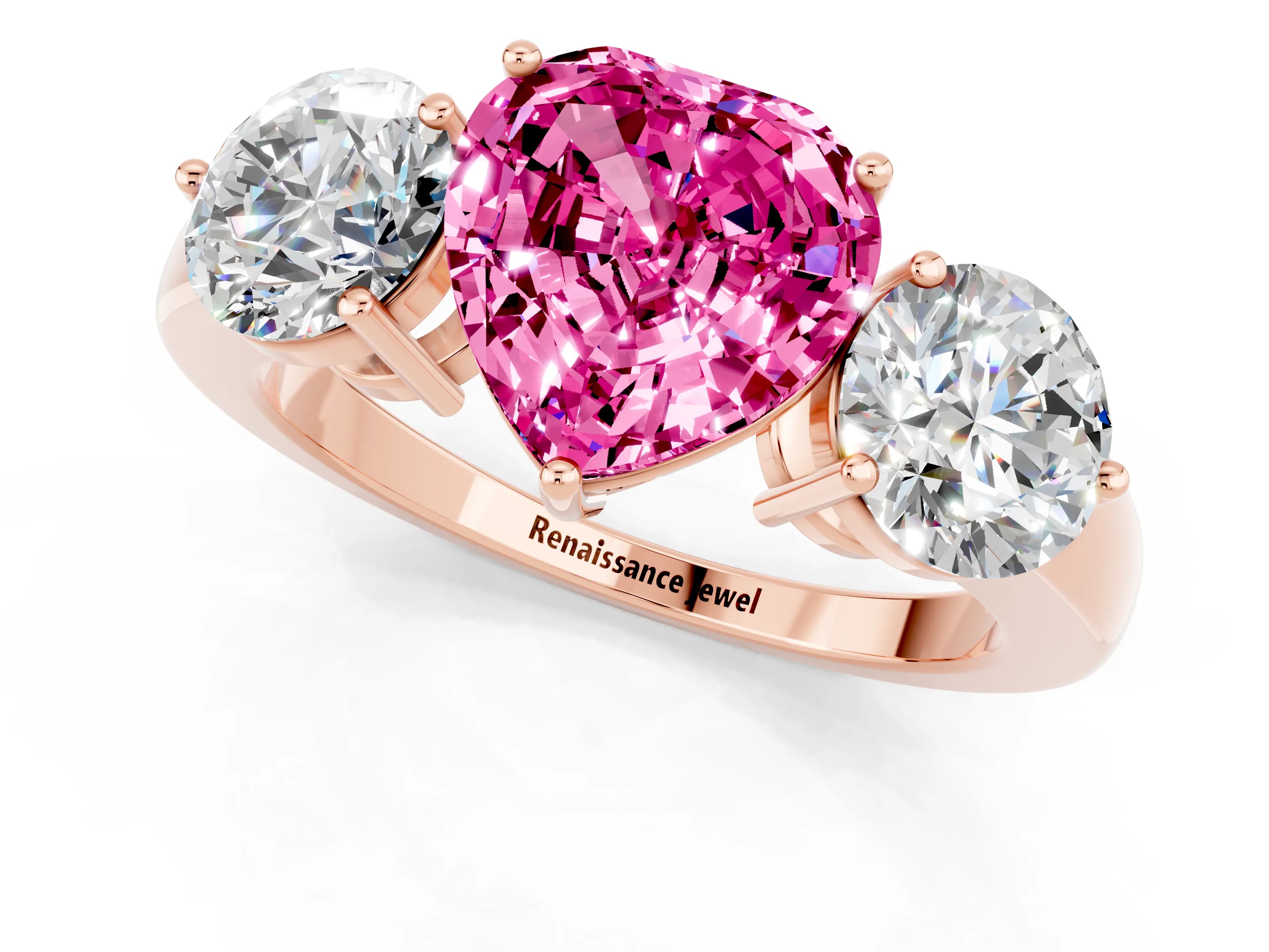 Rose gold Heart Cut Pink Sapphire Three-Stone Ring with Prong Setting and Classic Band_1