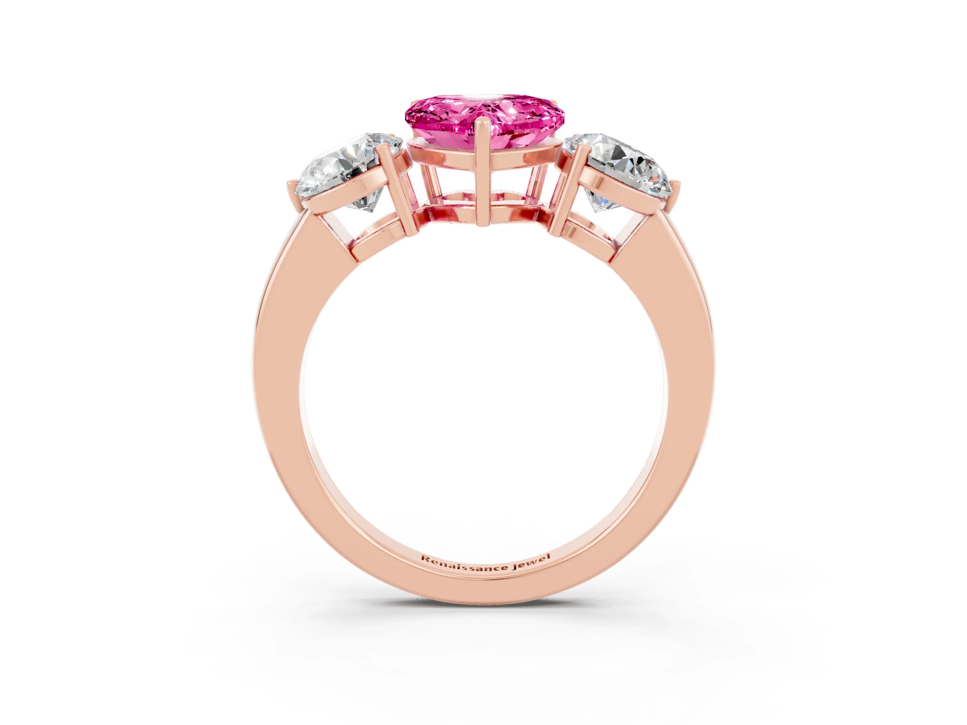 Rose gold Heart Cut Pink Sapphire Three-Stone Ring with Prong Setting and Classic Band_3