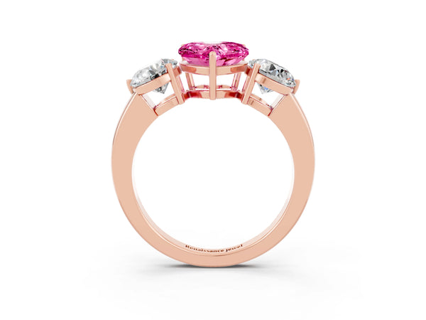 Rose gold Heart Cut Pink Sapphire Three-Stone Ring with Prong Setting and Classic Band