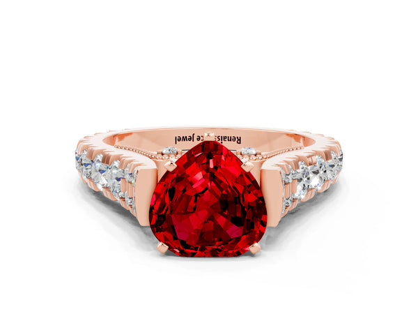 Rose gold Heart Cut Ruby Classic Solitaire Ring with Pavé Band and Four-Prong Setting