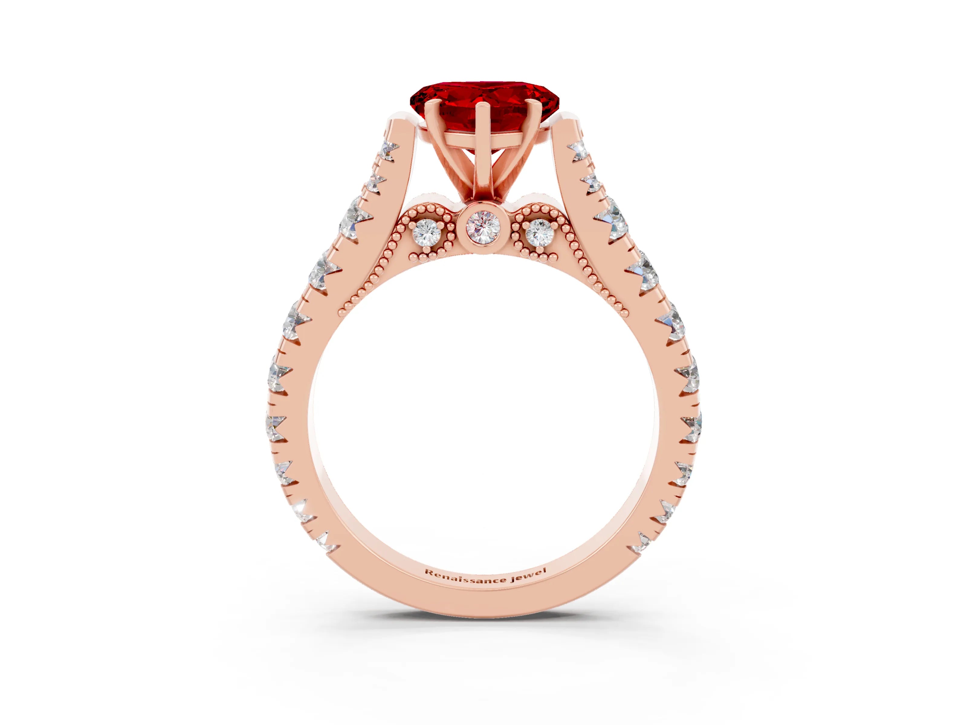 Rose gold Heart Cut Ruby Classic Solitaire Ring with Pavé Band and Four-Prong Setting_3
