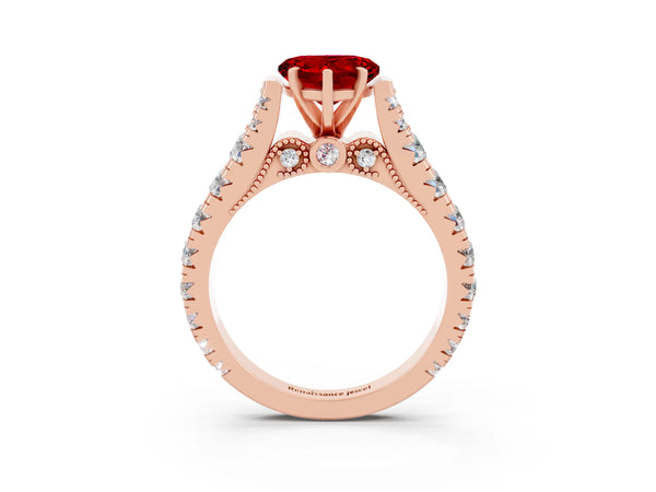 Rose gold Heart Cut Ruby Classic Solitaire Ring with Pavé Band and Four-Prong Setting