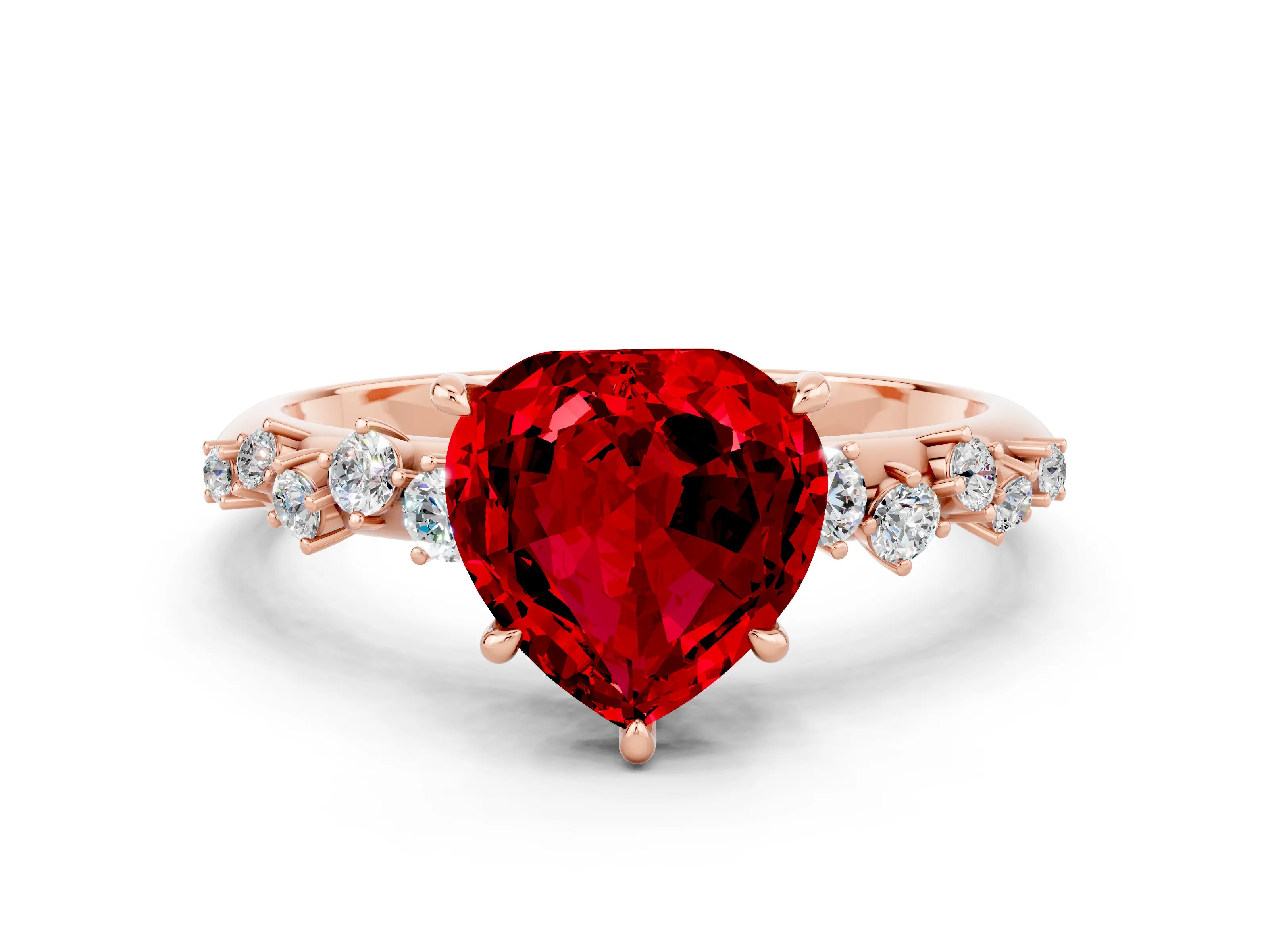 Rose gold Heart Cut Ruby Cluster Side Stone Solitaire Ring with Prong Setting_24