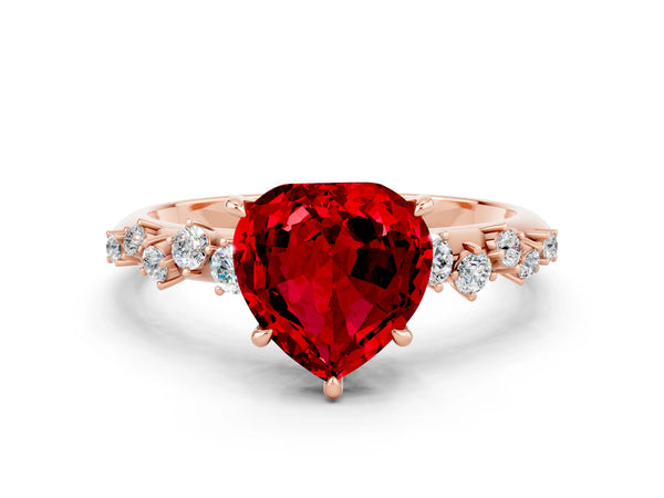 Rose gold Heart Cut Ruby Cluster Side Stone Solitaire Ring with Prong Setting