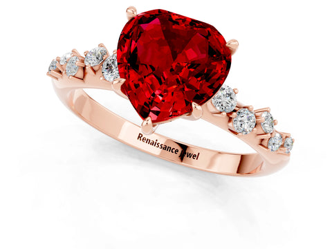 Rose gold Heart Cut Ruby Cluster Side Stone Solitaire Ring with Prong Setting_25